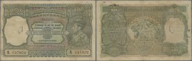 India: 100 Rupees ND(1937-43) CALCUTTA issue P. 20d, used with larger hole in watermark area, larger pinholes, stained paper, folds and creases, cente...