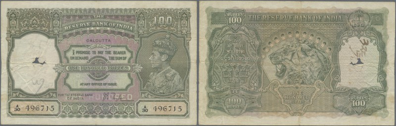 India: 100 Rupees ND(1937-43) CALCUTTA issue P. 20e, used with folds, larger hol...