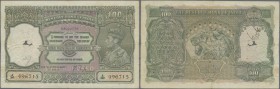 India: 100 Rupees ND(1937-43) CALCUTTA issue P. 20e, used with folds, larger hole in watermark area, tiny pinholes, still pretty crisp and with origin...
