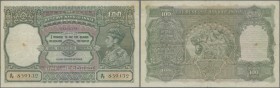 India: 100 Rupees ND(1937-43) CALCUTTA issue P. 20f, watermark Facing portrait KGVI, used with folds, only 2 pinohles, one stain dot at left, no tears...