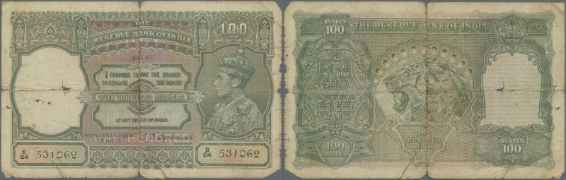 India: 100 Rupees ND(1937-43) very rare DELHI issue P. 20j, stronger used with s...
