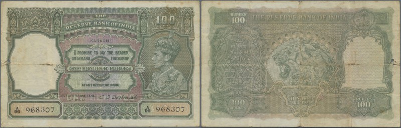India: 100 Rupees ND(1937-43) KRACHI issue P. 20k, used with strong vertical and...