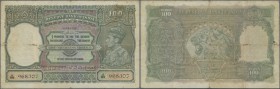 India: 100 Rupees ND(1937-43) KRACHI issue P. 20k, used with strong vertical and horizontal folds, causing center holes and minor border tears, still ...