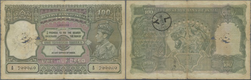 India: 100 Rupees ND(1937-43) LAHORE issue P. 20L, stronger used with several ho...