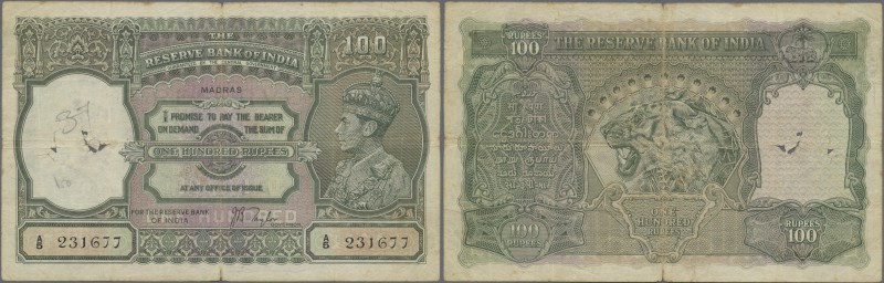 India: 100 Rupees ND(1937-43) MADRAS issue P. 20n, used with folds, the usual ho...