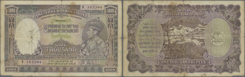 India: 1000 Rupees ND(1937) P. 21a BOMBAY issue, used with stronger folds, espec...