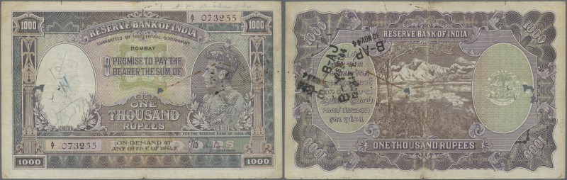 India: 1000 Rupees ND(1937) P. 21a BOMBAY issue, used with folds, larger holes c...