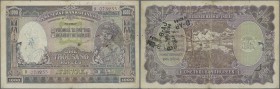 India: 1000 Rupees ND(1937) P. 21a BOMBAY issue, used with folds, larger holes caused by pins at left in watermark area, writings on the note, minor b...