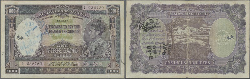 India: 1000 Rupees ND(1937) P. 21a BOMBAY issue, used with stronger center fold,...
