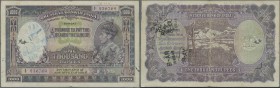 India: 1000 Rupees ND(1937) P. 21a BOMBAY issue, used with stronger center fold, writing on front at left, hole in watermark area, center hole and a f...