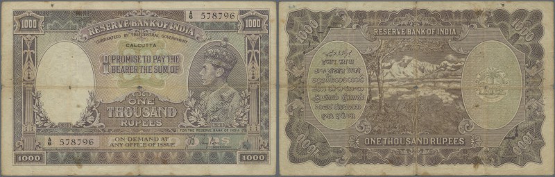 India: 1000 Rupees ND(1937) P. 21b CALCUTTA issue, used note with vertical and h...