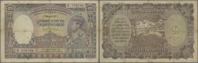 India: 1000 Rupees ND(1937) P. 21b CALCUTTA issue, used note with vertical and horizontal folds, stained paper, center holes and minor border tears, n...