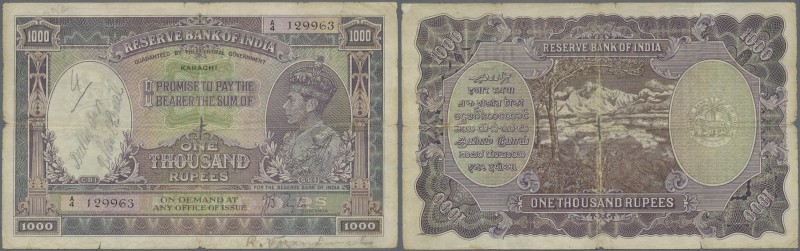 India: 1000 Rupees ND(1937) P. 21d KARACHI issue, used with vertical and horizon...