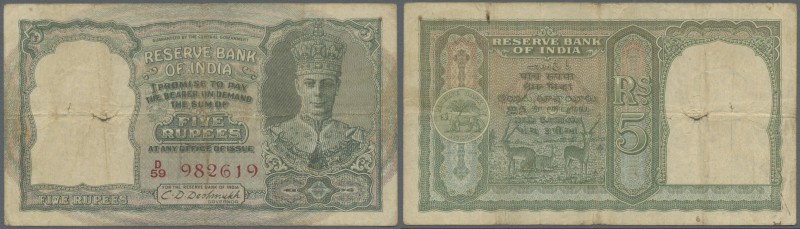 India: 5 Rupees ND P. 23 portrait KGVI with rare Red serial number, used with ho...