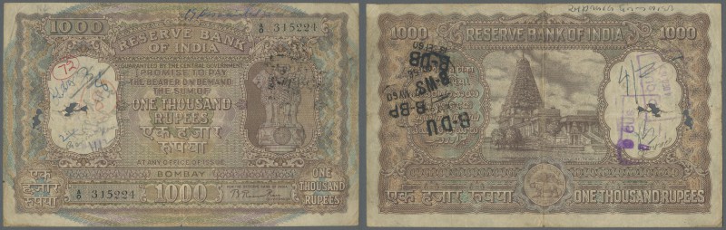 India: 1000 Rupees issue for BOMBAY P. 47, used with folds, stains, writings on ...