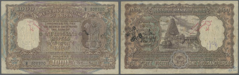 India: 1000 Rupees rare issue for MADRAS P. 47, used with folds, stains and writ...