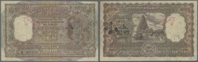 India: 1000 Rupees rare issue for MADRAS P. 47, used with folds, stains and writing on paper, several pinholes, no repairs, still some crispness left,...