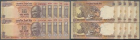 India: Set with 10 Banknotes 10 Rupees ND(1996-2006) P.89a with fancy serial numbers: 74P000000, 12T999999, 64U888888, 62U777777, 65U666666, 13L555555...