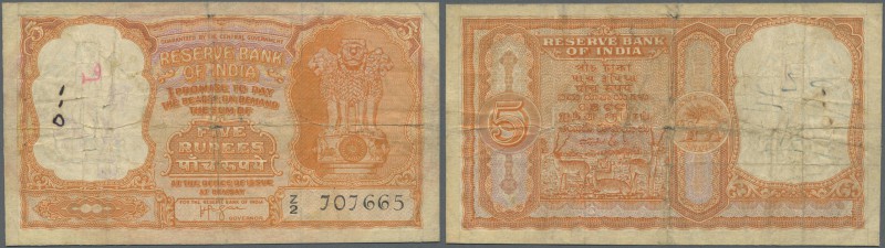 India: Gulf Issue 5 Rupees ND P. R2, used with folds, creases, stain and small h...
