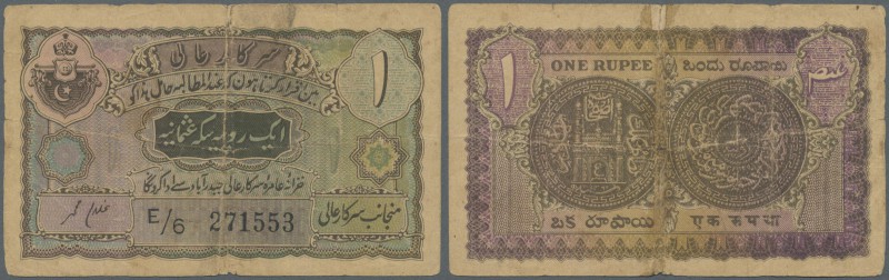 India: Hyderabad 1 Rupee ND(1916-36), strong folds, stain in paper, minor holes ...