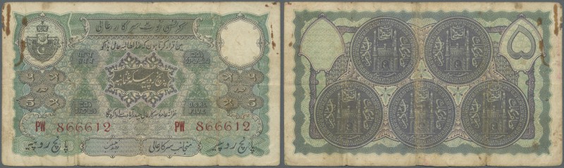 India: Hyderabad 5 Rupees ND(1916-36) P. S273 used with folds and small holes in...