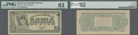 Indonesia: Republic Indonesia 5 Rupiah 1945, P.18 in almost perfect condition, just a few minor creases and spots along the note, PMG graded 63 Choice...