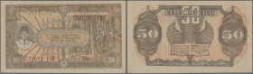 Indonesia: 50 Rupiah 1947, P.28, highly rare note in great condition, lightly toned paper and very soft vertical bend at center and tiny dint at lower...