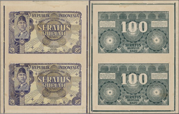 Indonesia: uncut sheet of 2 notes 100 Rupiah Baru 1949 P. 35G, remainders withou...