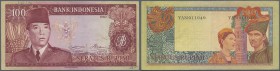 Indonesia: 100 Rupiah 1960, P.86a, printer Pertjetakan Kebajoran, lightly stained paper with vertical fold and pencil writing on front. Condition: F+