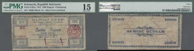 Indonesia: Kas Negara Daerah (Governmental Treasury), Palembang 1000 Rupiah 1947, P.S335a in well worn condition with stained paper and some border te...