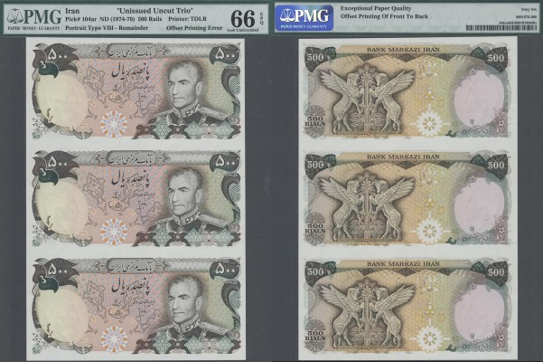 Iran: sheet of 3 uncut notes 500 Rials ND(1974-79) Remainder notes without seria...