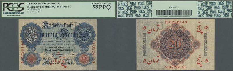 Iran: 5 Toman overprint on 20 Mark 1914 (1916-17) with serial # prefix N, letter...