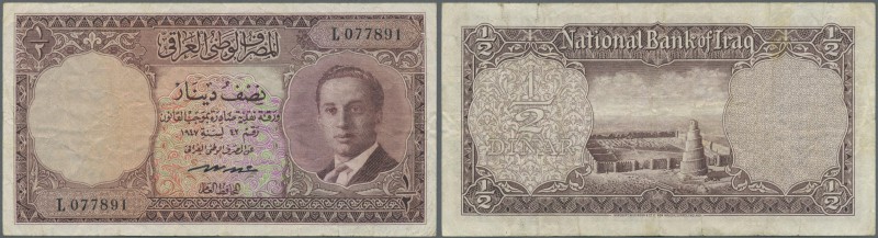 Iraq: 1/2 Dinar ND(1947) P. 38b in used condition with several creases in paper,...