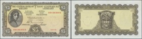 Ireland: 5 Pounds 1965 P. 65c light center folds but no holes or tears, crisp paper and original colors, conditoin: XF+.