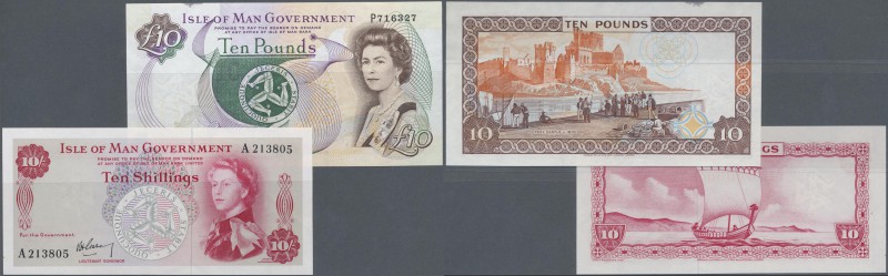 Isle of Man: set of 2 notes containing 10 Shillings P. 24 (aUNC) and 10 Pounds N...