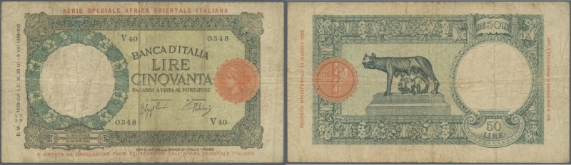 Italian East Africa: 50 Lire 1938 P. 1a, stronger used with folds and stain, the...