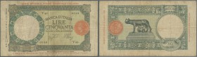 Italian East Africa: 50 Lire 1938 P. 1a, stronger used with folds and stain, the front and back side are curiously seperating at upper left corner, ti...