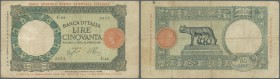 Italian East Africa: 50 Lire January 1st 1939, P.1b, lightly toned paper with some folds and tiny pinholes at upper right center. Condition: F