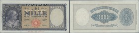 Italy: 1000 Lire 1947 P. 83, center fold and light corner dint, crisp original paper and colors without holes or tears, condition: XF- to VF+.