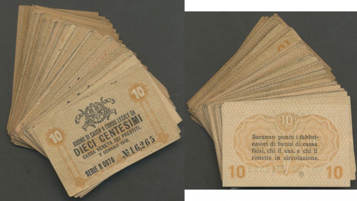 Italy: Set of 89 notes 10 Centesimi ND(1918) P. M2, mostly used (F to VF) but al...