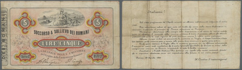 Italy: Soccorso a Sollievo Dei Romani 5 Lire 1867 P. NL, used with several folds...