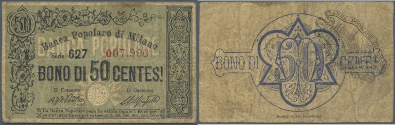 Italy: Banca Poplaro di Milano 50 Centesimi ND P. NL, used with folds and staini...
