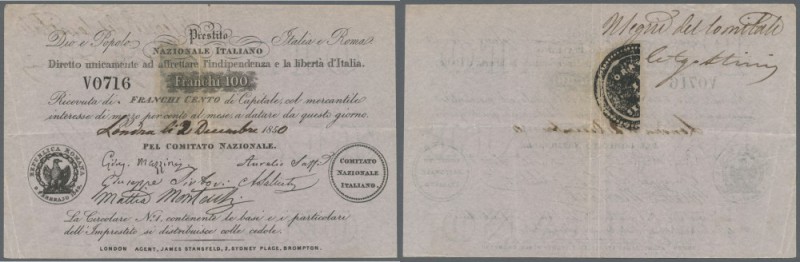 Italy: Prestito Nazionale Italiano 100 Franchi 1850 P. NL, used with center fold...