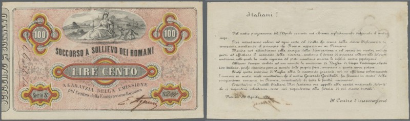 Italy: Soccorso a Sollievo dei Romani 100 Lire ND(1867) P. NL, crisp original wi...