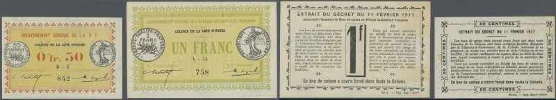 Ivory Coast: set of 2 notes containing 50 Centimes and 1 Franc 1917 P. 1a, 2a, b...