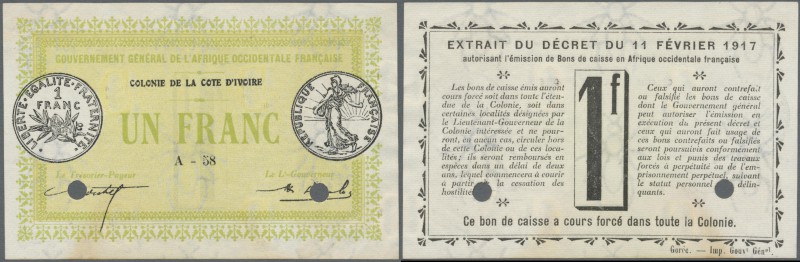 Ivory Coast: 1 Franc 1917 Proof Print without serial number and cancellation hol...