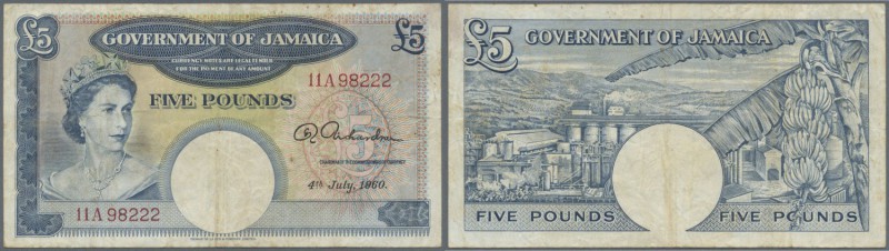 Jamaica: Jamaica: 5 Pounds July 4th 1960, P.48b, stained and slightly yellowed p...