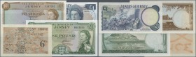 Jersey: set with 4 Banknotes starting with the 6 Pence ND(1941-42) P.1 (VF), 10 Shillings and 1 Pound ND(1963-72) P.7, 8 (UNC) and 1 Pound ND(1976-88)...