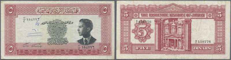 Jordan: 5 Dinars L.1949 P. 7b, used with several folds and creases, a pen writin...