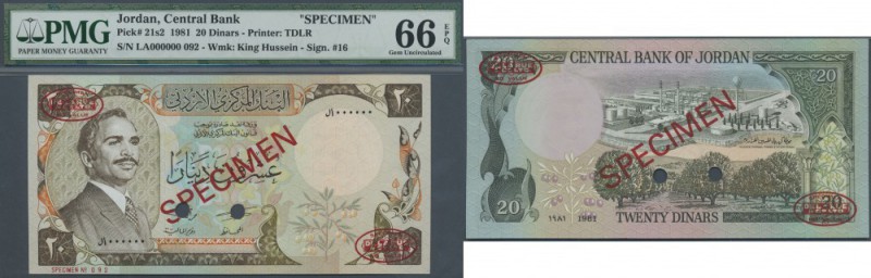 Jordan: 20 Dinars 1981 Specimen P. 21s2, rarely seen as PMG graded note in condi...